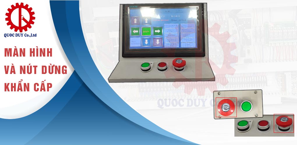 Màn hình và nút dừng khẩn cấp máy khoan phay 2 phương tự động