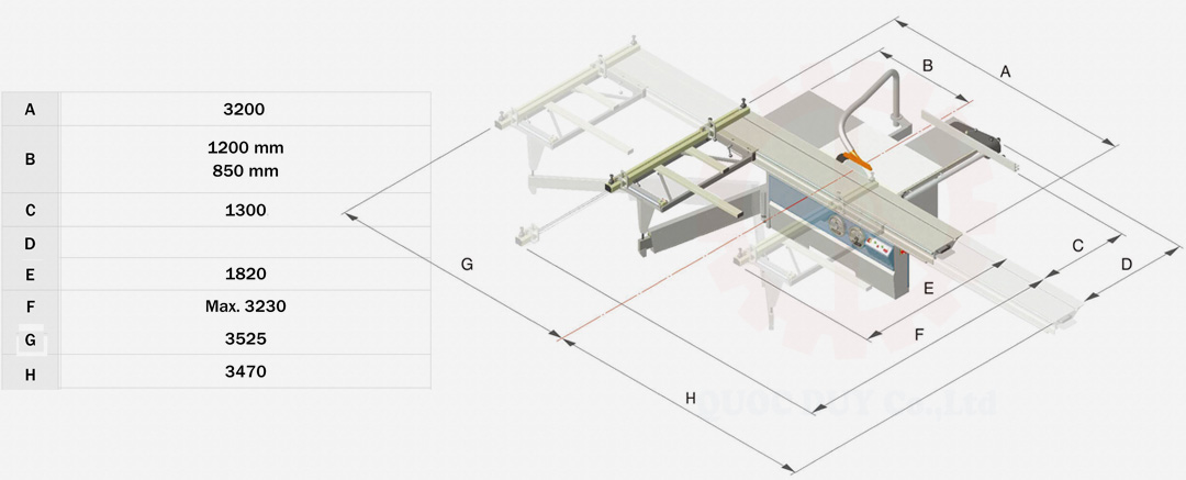 kích thước máy cưa bàn trượt