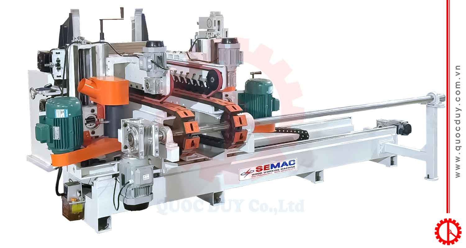 Máy cắt 2 đầu băng tải xích đưa phôi